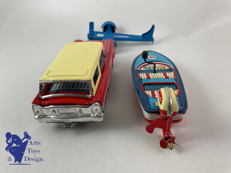 Antique toys Ichimura Japan Station Wagon with boat and trailer c.1960