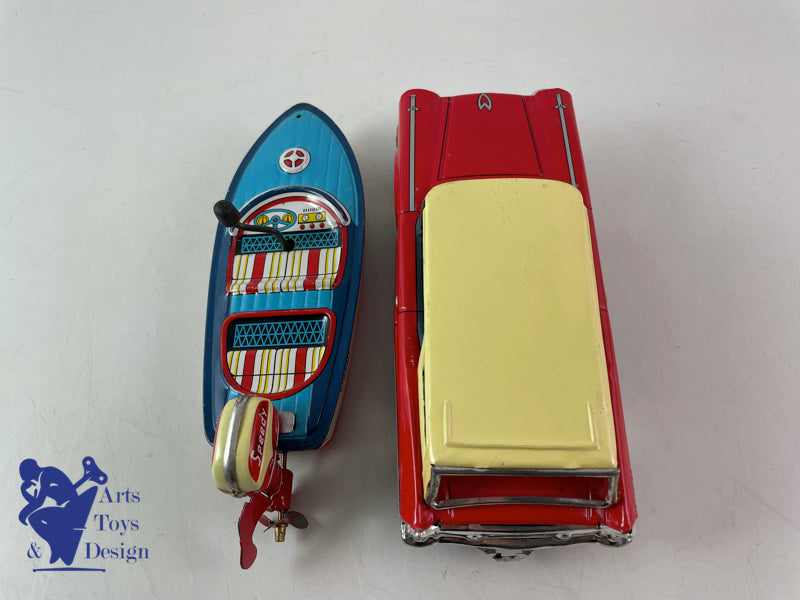 Antique toys Ichimura Japan Station Wagon with boat and trailer c.1960