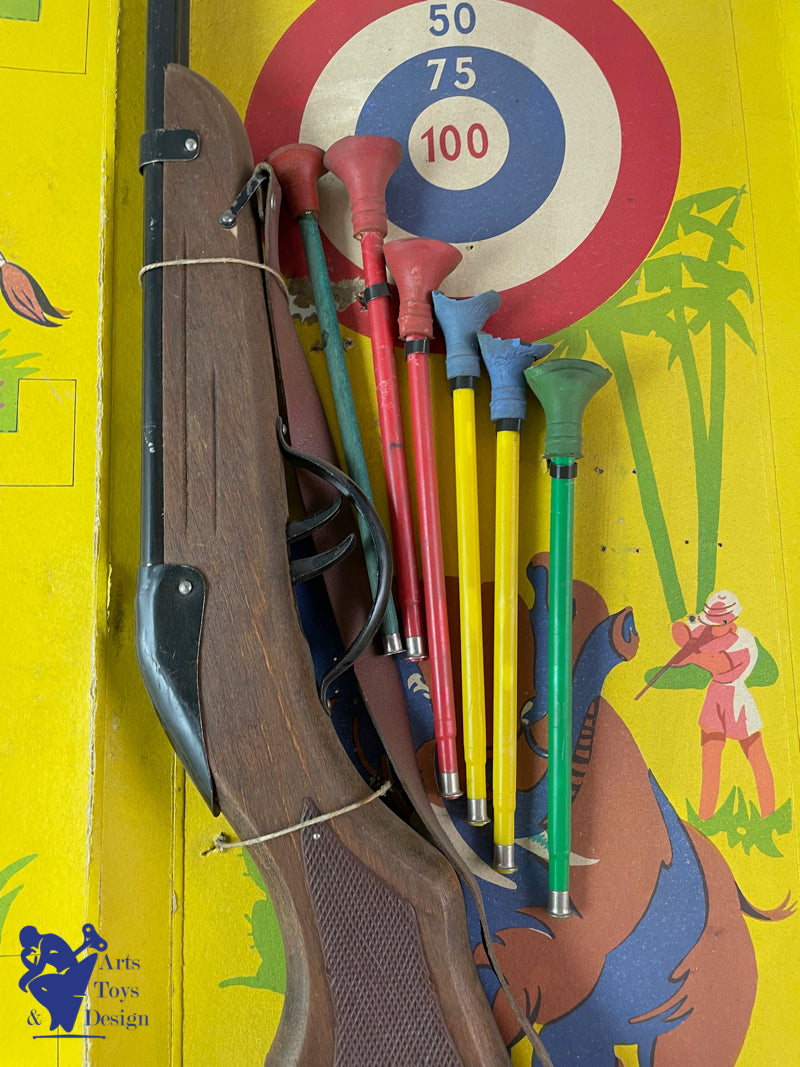 Jouet ancien fusil bois tir au pigeon et lot pistolets à fléchettes 1960