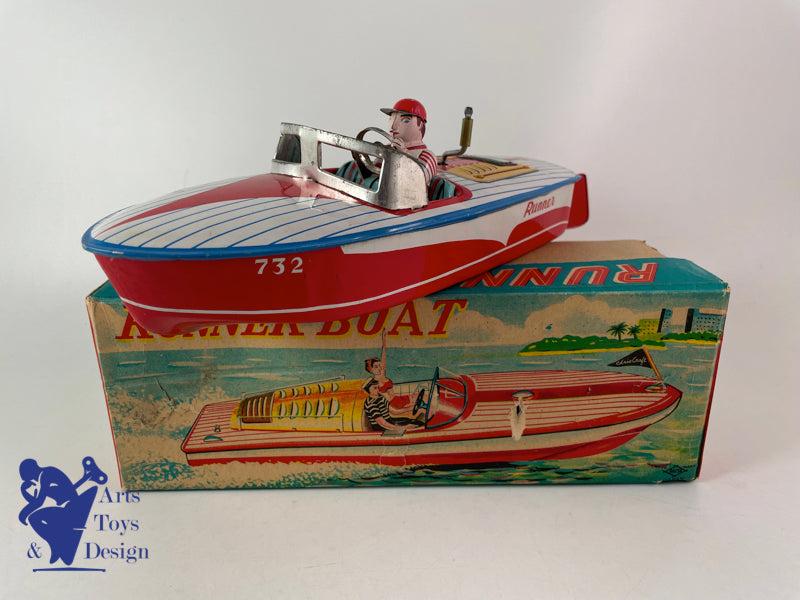 DAIYA JAPON BATEAU RUNNER BOAT TOLE MECANIQUE 1960 JOUET ANCIEN