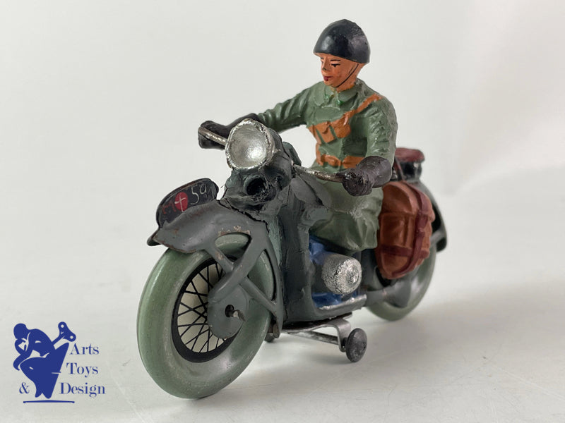 ELASTOLIN FIGURINE MOTO ARMEE SUISSE ROUES TOLE 1937