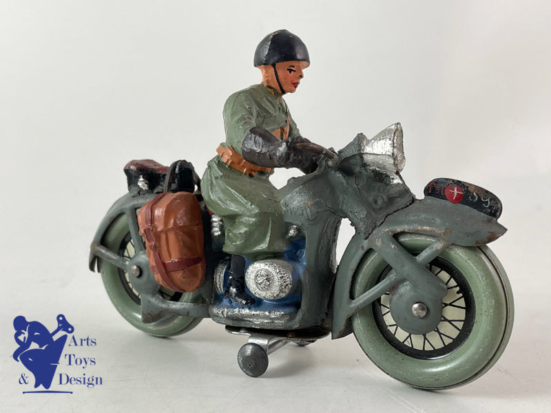 ELASTOLIN FIGURINE MOTO ARMEE SUISSE ROUES TOLE 1937