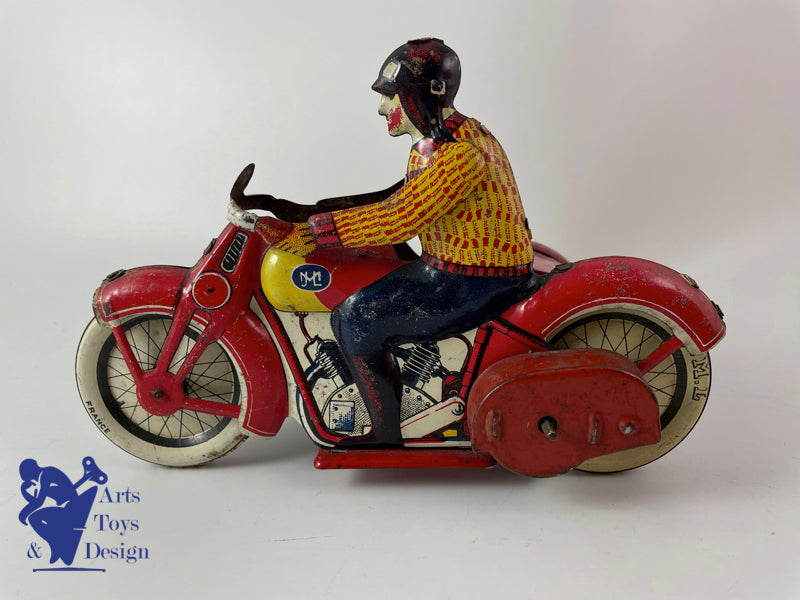 JOUET ANCIEN JML MOTO SIDE CAR TOLE MECANIQUE L.20 CM VERS 1930 – Arts,  Toys & Design